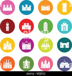 Châteaux et tours de nombreuses icônes couleurs ensemble Illustration de Vecteur