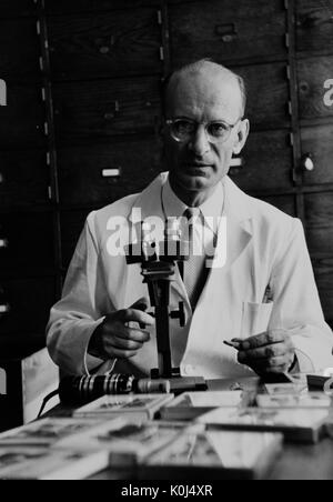 Assis candide, mi-longueur portrait du savant italien Franco Rasetti à son microscope à la Johns Hopkins University, où il a occupé une chaire de physique. 1953. Banque D'Images