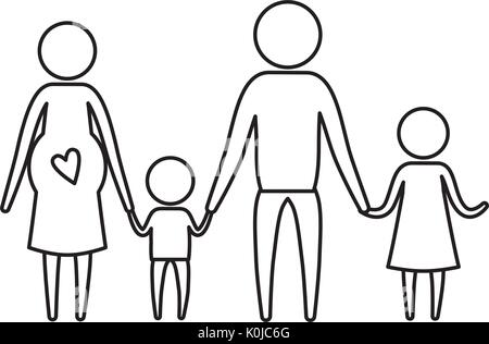 Croquis silhouette de pictogrammes avec parents et enfants grossesse mère holding hands Illustration de Vecteur