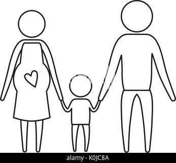 Croquis silhouette de pictogrammes avec parents mère grossesse et little boy holding hands Illustration de Vecteur