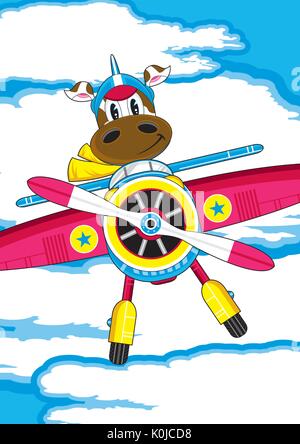 Cartoon Vintage avion et pilote vache mignonne Illustration Illustration de Vecteur