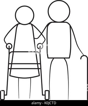 Contour mince esquisse de pictogramme couple de personnes âgées avec l'assistance de Walker et le bâton dans les vêtements Illustration de Vecteur