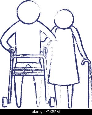 Silhouette bleu floue de pictogramme couple âgé dans l'homme et de la femme avec l'assistance walker stick dans les vêtements Illustration de Vecteur