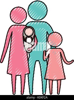 Crayon couleur pictogramme silhouette parents avec un bébé et petite fille Illustration de Vecteur