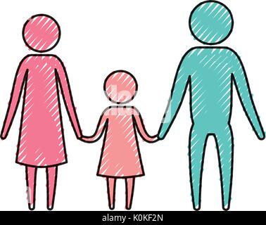 Crayon de couleur les parents avec un pictogramme silhouette girl holding hands Illustration de Vecteur