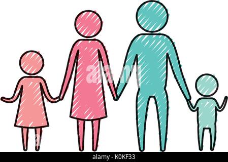 Crayon couleur pictogramme silhouette parents avec une fille et little boy holding hands Illustration de Vecteur