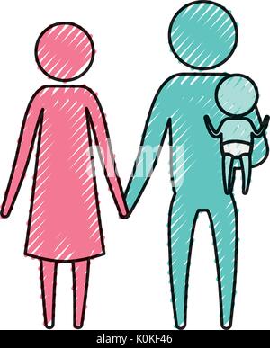 Crayon couleur pictogramme silhouette couple parents avec un boy Illustration de Vecteur