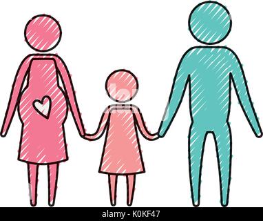 Crayon couleur pictogramme silhouette couple parents avec la mère la grossesse et girl holding hands Illustration de Vecteur