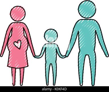 Crayon couleur pictogramme silhouette couple parents avec la mère et la grossesse boy holding hands Illustration de Vecteur