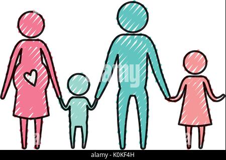 Crayon couleur pictogramme silhouette couple parents avec la mère la grossesse et les enfants se tenant la main Illustration de Vecteur