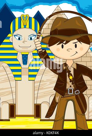 Cute Cartoon Explorer Caractère avec Sphinx égyptien et des Pyramides Illustration Illustration de Vecteur