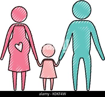 Crayon couleur pictogramme silhouette couple parents avec la mère la grossesse et little girl holding hands Illustration de Vecteur