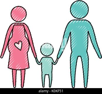 Crayon couleur pictogramme silhouette couple parents avec la mère la grossesse et little boy holding hands Illustration de Vecteur