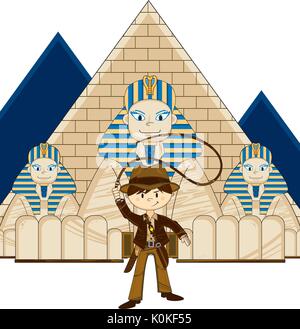 Cute Cartoon Explorer Caractère avec Sphinx égyptien et des Pyramides Illustration Illustration de Vecteur