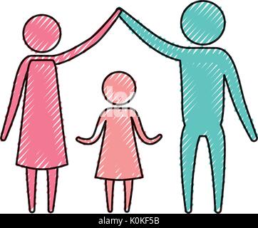Crayon couleur pictogramme silhouette parents couple holding hands up une fille au milieu d'eux Illustration de Vecteur