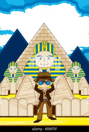 Cute Cartoon Explorer Caractère avec Sphinx égyptien et des Pyramides Illustration Illustration de Vecteur