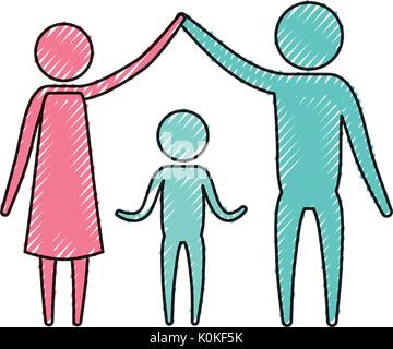 Crayon couleur pictogramme silhouette parents couple holding hands up et le garçon au milieu d'eux Illustration de Vecteur