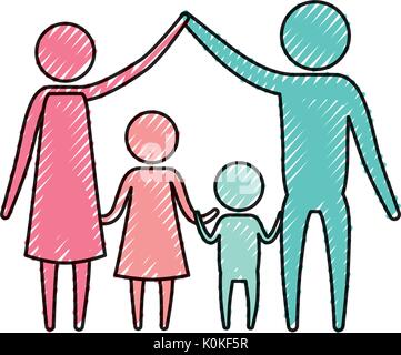Crayon couleur pictogramme silhouette parents couple holding hands up et les enfants au milieu d'eux Illustration de Vecteur