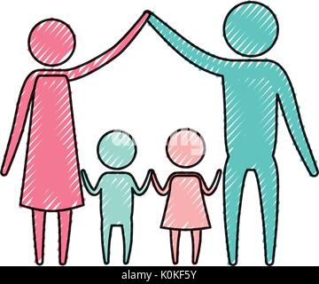 Crayon couleur pictogramme silhouette couple holding hands up parents et enfants paire au milieu d'eux Illustration de Vecteur