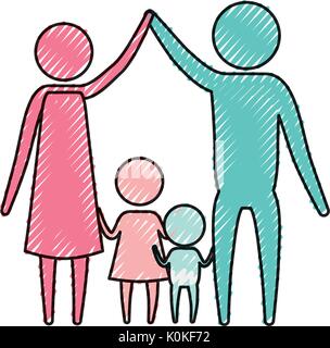 Crayon couleur pictogramme silhouette parents couple holding hands up et baby boy and girl au milieu d'eux Illustration de Vecteur