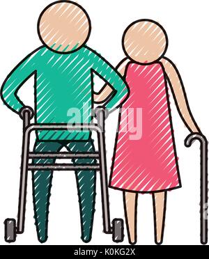 Crayon couleur silhouette de pictogrammes vieux couple avec l'homme dans l'assistance walker et femme avec stick Illustration de Vecteur