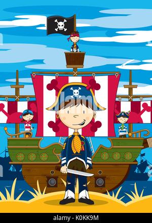 Le capitaine pirate dessin animé et Pirates Ship Vector Illustration Illustration de Vecteur