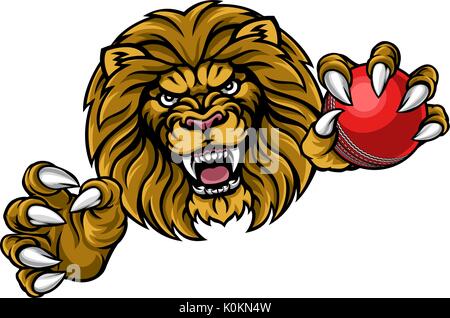 Sports de balle de Cricket Lion Mascot Illustration de Vecteur