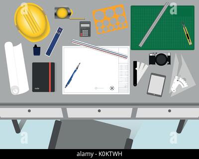 Vue de dessus de l'architecte et ingénieur 24. plan de travail avec du papier blanc pour le texte. arrière-plan. Illustration de Vecteur