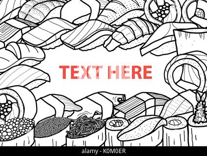 Beaucoup de sushis dans contour noir avec du texte aléatoire au centre sur fond blanc. couvrir, poster ou plaques de papier mat design. cute Japanese food illus Illustration de Vecteur
