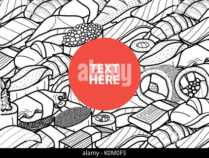 Cercle rouge avec texte au centre de beaucoup de sushi et rouler dans contour noir et blanc avion. couvrir, poster ou plaques de papier mat. design mignon japane Illustration de Vecteur