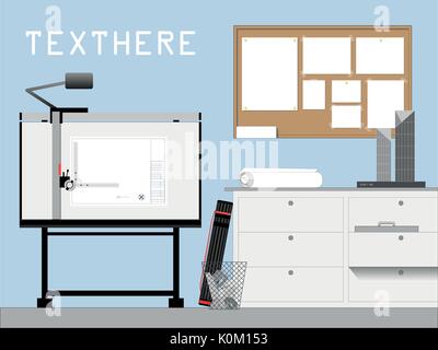 Vue avant de l'architecte et ingénieur rédaction en milieu de table, armoire, panneau de liège et modèle. arrière-plan avec l'espace pour le texte. vector illustrati Illustration de Vecteur