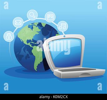 Ordinateur portable et globe illustration avec des symboles Illustration de Vecteur