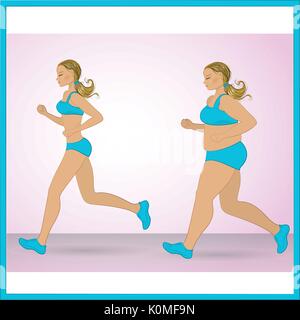 Illustration d'un dessin animé grosse fille jogging, le concept de perte de poids, cardio training, consciente de la santé concept tournant femme. Illustration de Vecteur