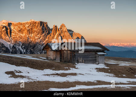 Alpe di Siusi / Seiser Alm, Dolomites, Tyrol du Sud, Italie. Lever du soleil sur le plateau de Bullaccia/Puflatsch. Dans l'arrière-plan les sommets de Sciliar Banque D'Images