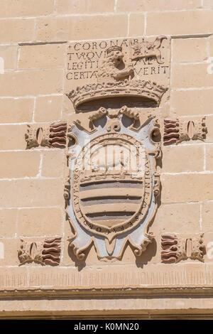 Justice et prison ancienne détail façade, maintenant l'Hôtel de Ville, Baeza, Espagne Banque D'Images