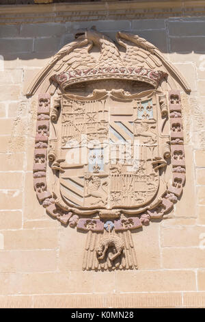 Justice et prison ancienne détail façade, maintenant l'Hôtel de Ville, Baeza, Espagne Banque D'Images