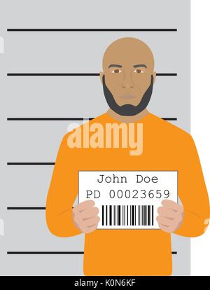 Vector illustration d'électroniques de bold arrêté homme avec barbe noire et orange pull. man holding carton avec nom de John Doe et barcod aléatoire Illustration de Vecteur