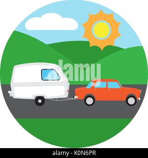 Camping caravane vecteur remorque. maison sur roues et voiture rétro rouge. Illustration de Vecteur