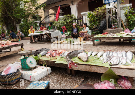 Décrochage du poisson au marché local dans la ville historique de Luang Prabang, Laos. Banque D'Images