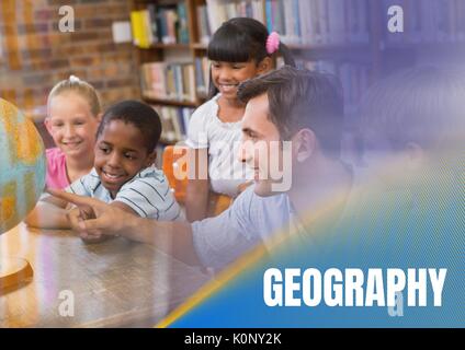 Digital composite de géographie texte et institutrice avec classe Banque D'Images