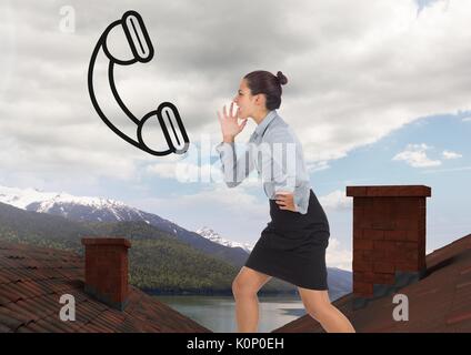 Digital composite de Businesswoman yelling at téléphone d'icône et de l'article sur les toits avec cheminée et le paysage du lac de montagne Banque D'Images