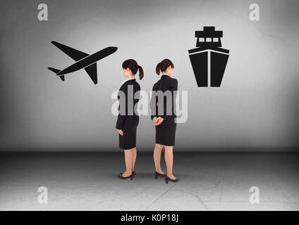 Composite numérique d'un avion ou un navire avec Businesswoman looking dans des directions opposées Banque D'Images