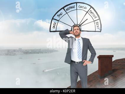 Digital composite de l'icône baromètre bon et mauvais avec businessman standing on Roof avec cheminée et port de mer de la ville Banque D'Images