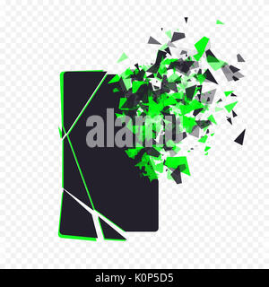 L'écran du téléphone fissuré se brise en morceaux. Smartphone brisé split par l'explosion sur fond transparent. Écran du téléphone en éclats. Gadget moderne a besoin d'être réparé. Banque D'Images