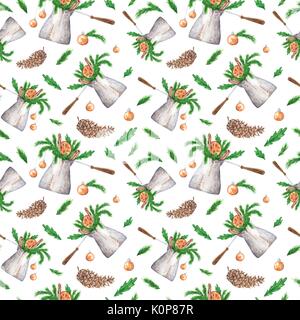 L'aquarelle transparente de l'humeur de Noël avec texture metal cezve plein de branches de sapins, de cannelle et d'orange sur whitebackground Banque D'Images