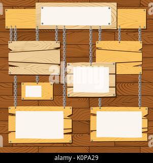 Ensemble de panneaux en bois vide accroché à l'aide de chaînes sur fond de mur en bois Illustration de Vecteur