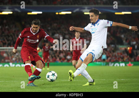 Roberto Firmino de Liverpool (à gauche) et d'Hoffenheim Benjamin Hubner en action au cours de l'UEFA Champions League Play-Off, deuxième match de jambe à Anfield, Liverpool. Banque D'Images