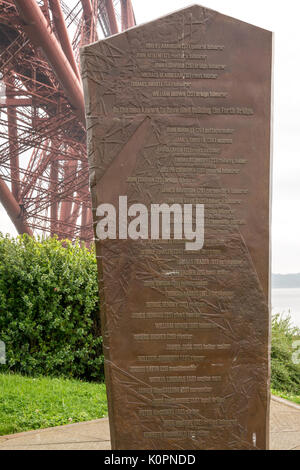 En vertu de Forth Rail Bridge avec criss cross patron avec monument à ceux qui sont morts durant la construction, North Queensferry, Fife, Scotland, UK Banque D'Images