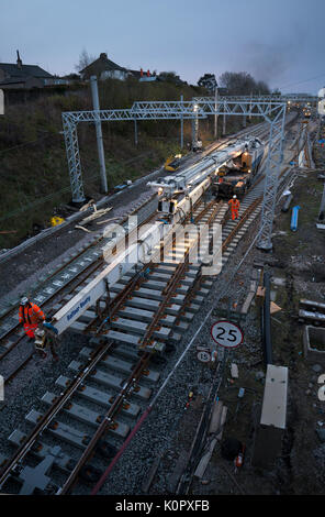 Oxenholme Lake District Le remplacement de la voie et de points à l'extrémité sud de gare travaux en cours pour le compte de Network Rail pour remplacer les boucles de l'accès à des points Banque D'Images