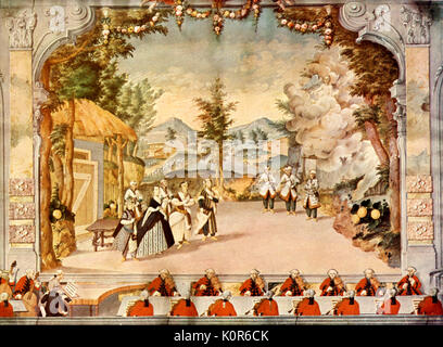 Scène de l'Opéra de Haydn "L'Incontro improviso". Exécuté à Esterhazy en premier plan Haydn dirige la musique du clavecin. Franz Joseph Haydn, compositeur autrichien, (1732-1809). Banque D'Images